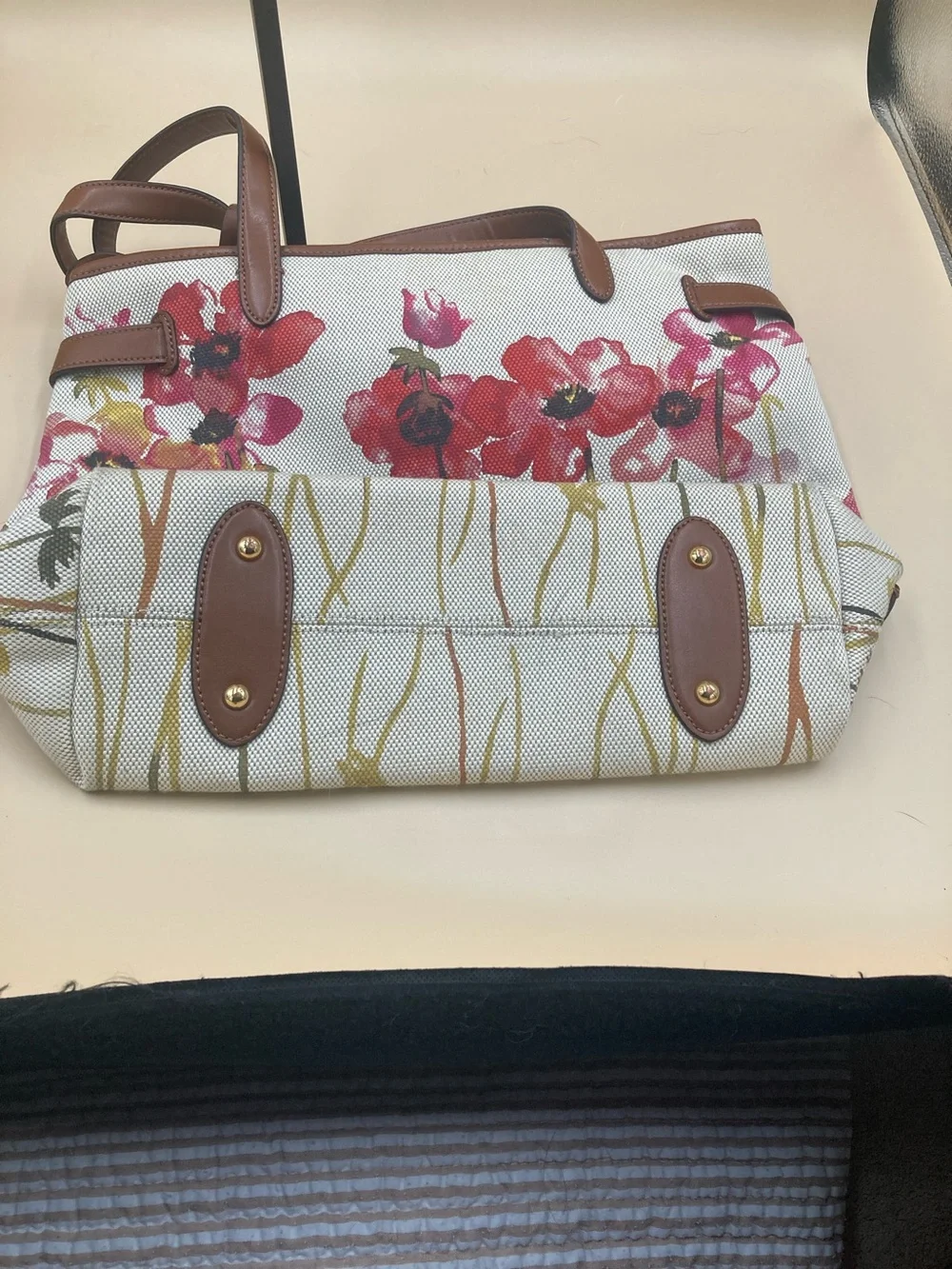 Ralph Lauren Canvas Floral Tote in Brown, Pink & Red